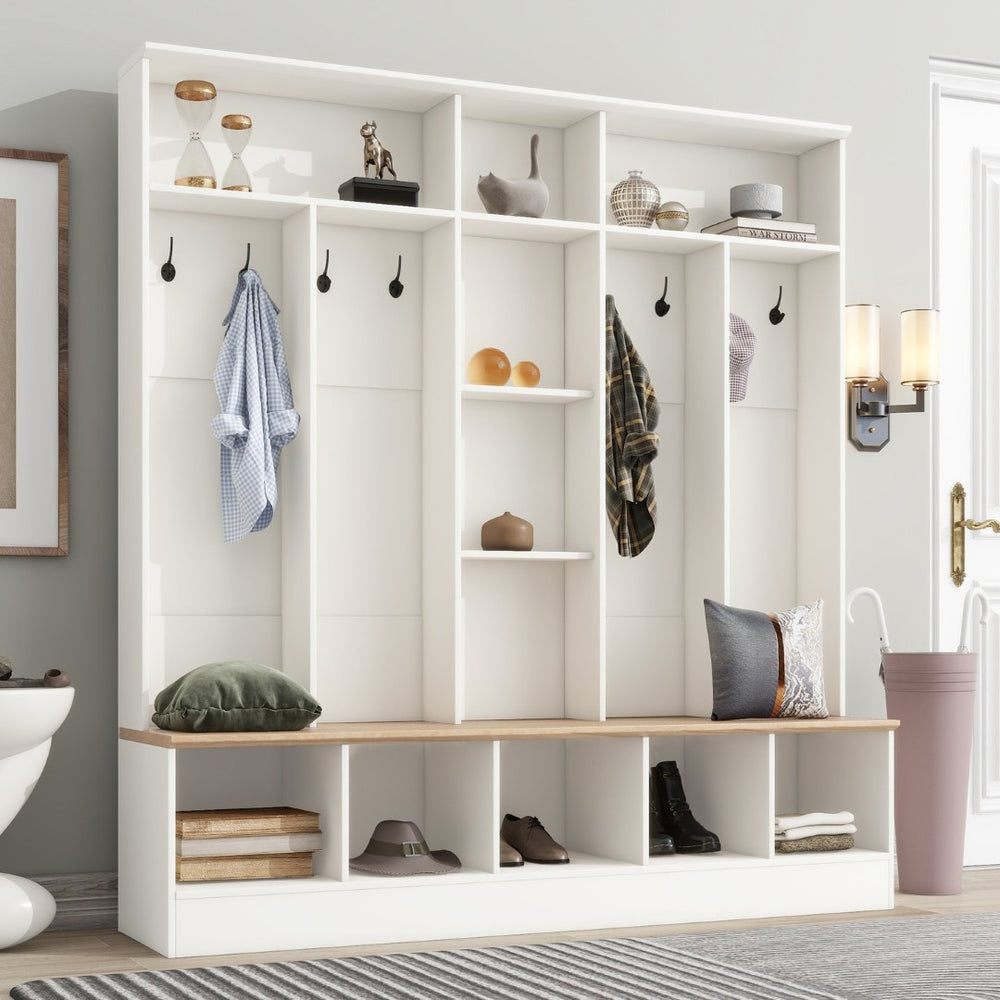English Elm On-trend Wide White Hall Tree with Bench Seating Cube Shelves and 8 Coat Hooks N721S000021K