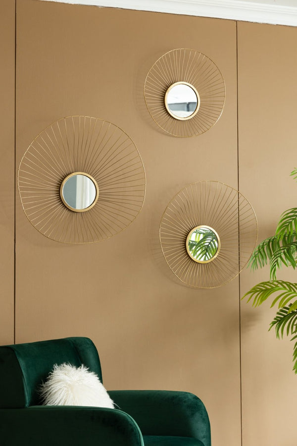 English Elm Set of 3 Abstract Sculptural Wall Mirrors with Gold Iron Frames for Glam Decor W2078124330