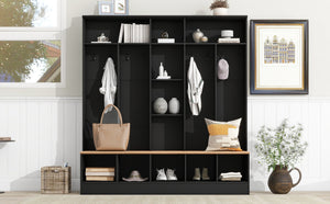 English Elm On-trend Wide White Hall Tree with Bench Seating Cube Shelves and 8 Coat Hooks N721S000021B