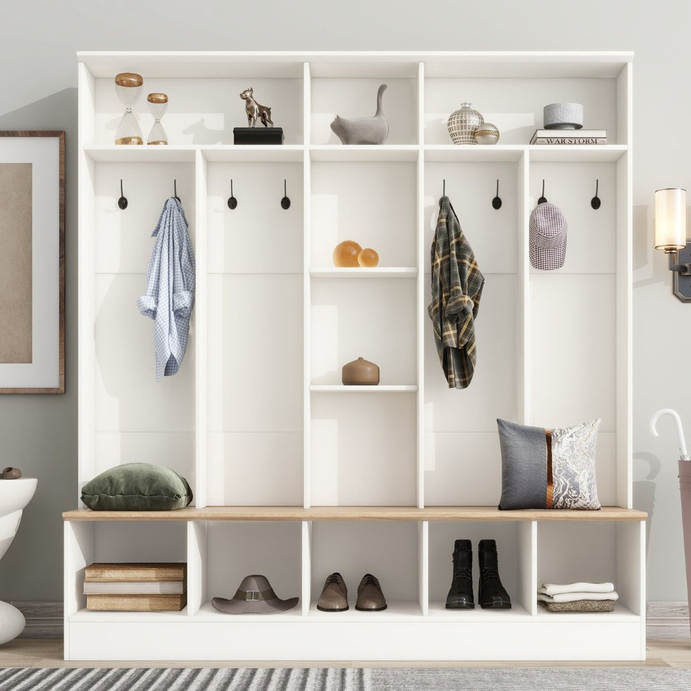 English Elm On-trend Wide White Hall Tree with Bench Seating Cube Shelves and 8 Coat Hooks N721S000066K