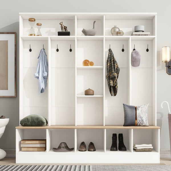 English Elm On-trend Wide White Hall Tree with Bench Seating Cube Shelves and 8 Coat Hooks N721S000066K