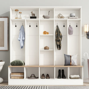 English Elm On-trend Wide White Hall Tree with Bench Seating Cube Shelves and 8 Coat Hooks N721S000021K