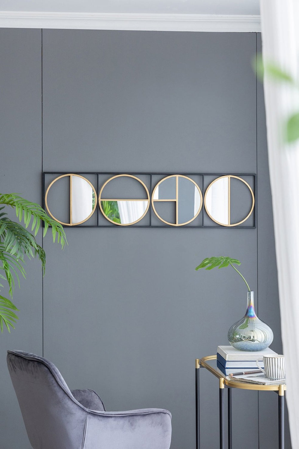 English Elm 47.2" Art Deco Iron Beaded Wall Mirror Four Stacked Panels Matte Black Entryway Accent W2078124372