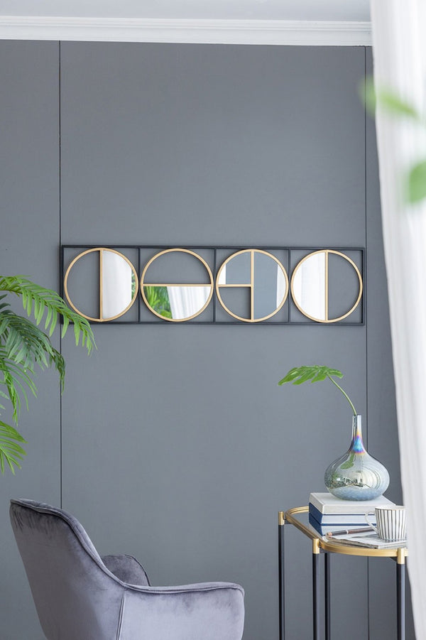 English Elm 47.2" Art Deco Iron Beaded Wall Mirror Four Stacked Panels Matte Black Entryway Accent W2078124372