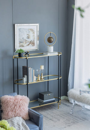 English Elm 48.5x16.5x50" 3-tier Iron Console Table Mirrored Shelves Gold Rim Glam Entryway W2078125787