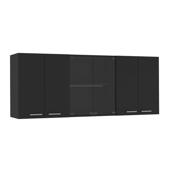 English Elm Superior Wall Cabinet Peoria with Four Shelves, Glass Center Doors, Metal Handles, Durable Design Black B092123036