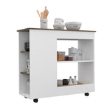 English Elm Kitchen Cart Kamizaze, Two Storage Shelves, Four Casters, Three Side Shelves, White / Dark Brown Finish