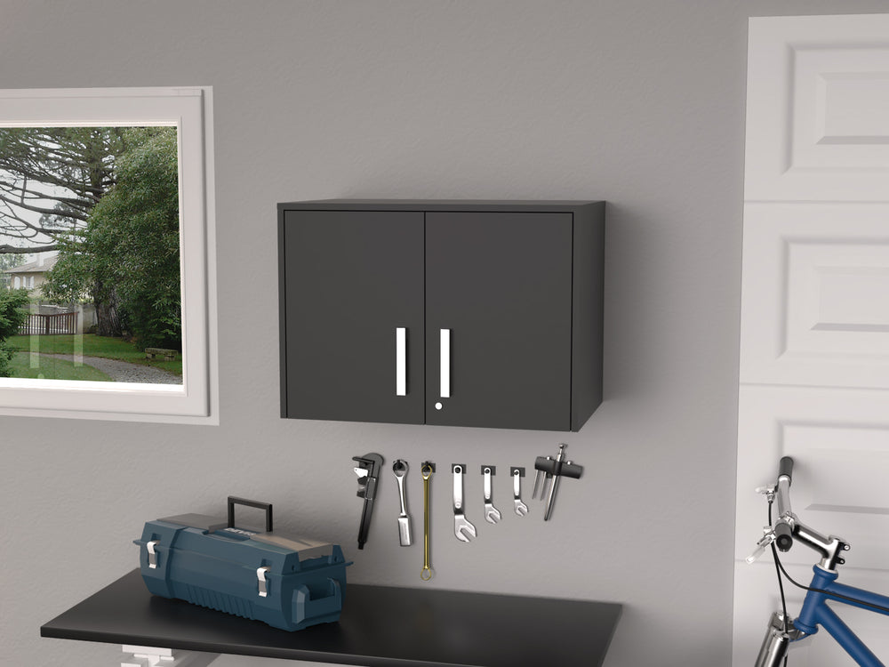 English Elm Wall Storage Cabinet Lions with 3 Shelves, Double Door, Lockable Security, Black Wengue Gray Finish for Office/Home Organization and Durable Particle Board Design B092122980