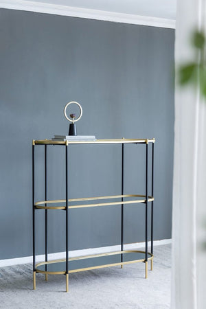 English Elm 48.5x16.5x50" 3-tier Iron Console Table Mirrored Shelves Gold Rim Glam Entryway W2078125787
