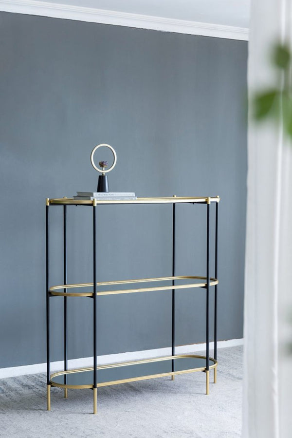 English Elm 48.5x16.5x50" 3-tier Iron Console Table Mirrored Shelves Gold Rim Glam Entryway W2078125787