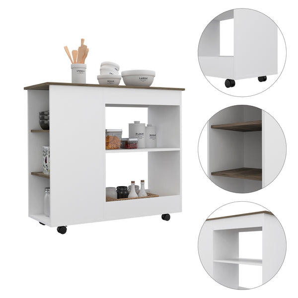 English Elm Kitchen Cart Kamizaze - Mobile Storage With Two Shelves, Four Casters & Three Side Shelves, White/Brown B092122963