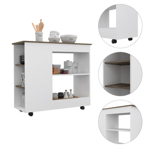 English Elm Kitchen Cart Kamizaze, Two Storage Shelves, Four Casters, Three Side Shelves, White / Dark Brown Finish