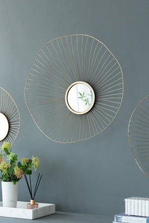 English Elm Set of 3 Abstract Sculptural Wall Mirrors with Gold Iron Frames for Glam Decor W2078124330