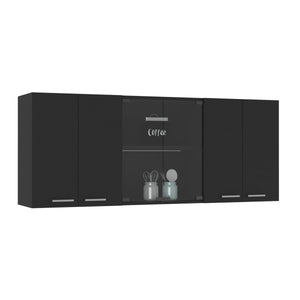 English Elm Superior Wall Cabinet Peoria with Four Shelves, Glass Center Doors, Metal Handles, Durable Design Black B092123036