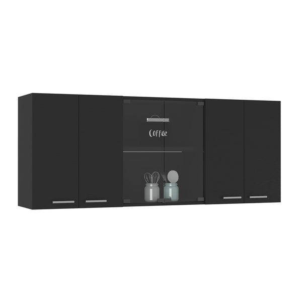 English Elm Superior Wall Cabinet Peoria with Four Shelves, Glass Center Doors, Metal Handles, Durable Design Black B092123036