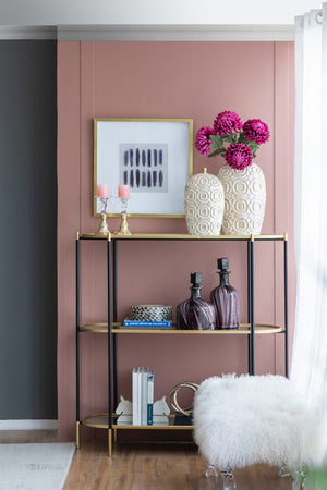 English Elm 48.5x16.5x50" 3-tier Iron Console Table Mirrored Shelves Gold Rim Glam Entryway W2078125787