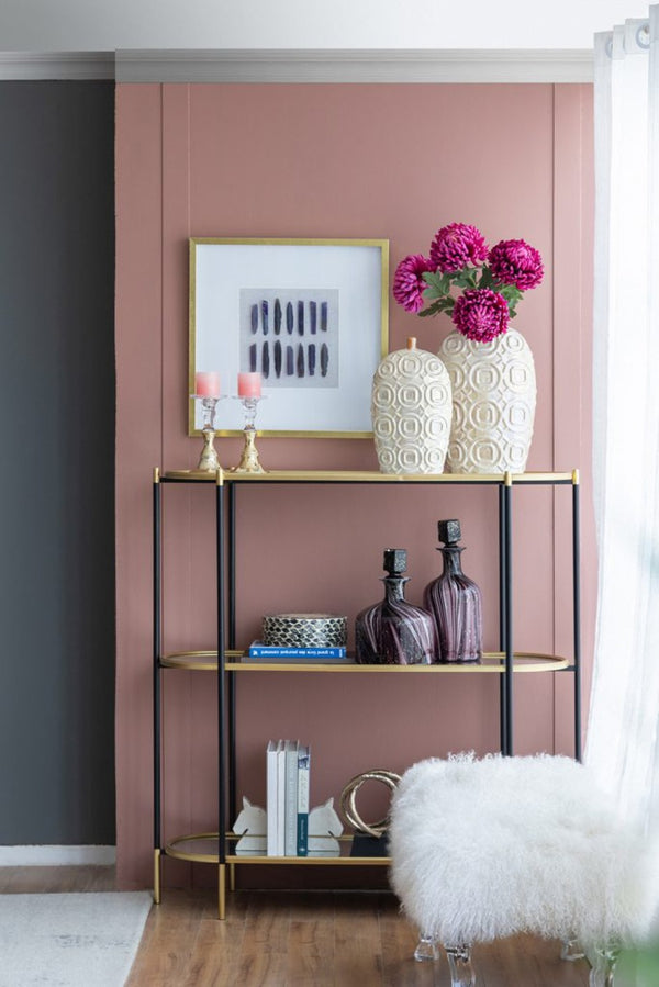 English Elm 48.5x16.5x50" 3-tier Iron Console Table Mirrored Shelves Gold Rim Glam Entryway W2078125787