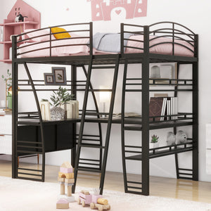 Hearth and Haven Full Size Loft Bed with 4 Layers Of Shelves and L-Shaped Desk, Stylish Metal Frame Bed with a Set Of Sockets, Usb Ports and Wireless Charging SF000021AAB