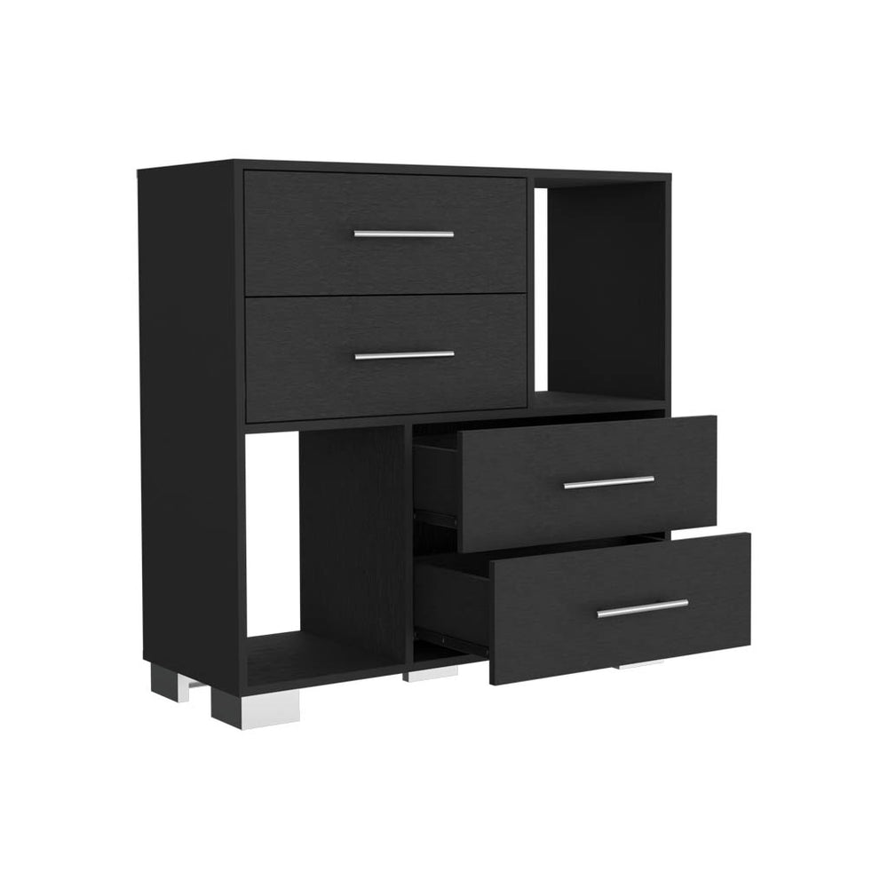 English Elm Dresser Hetzs Black Wengue Finish with 4 Drawers, 2 Open Shelves, Metal Handles, Durable Particle Board B092123108