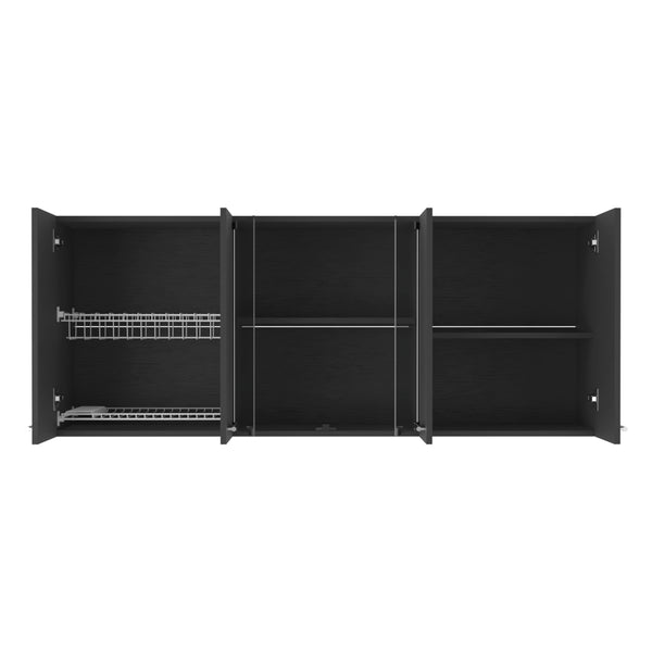 English Elm Superior Wall Cabinet Peoria with Four Shelves, Glass Center Doors, Metal Handles, Durable Design Black B092123036