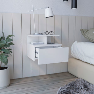 English Elm Floating Nightstand Flopini wall-mounted bedside table with drawer, space-saving shelf, durable design White B092123116