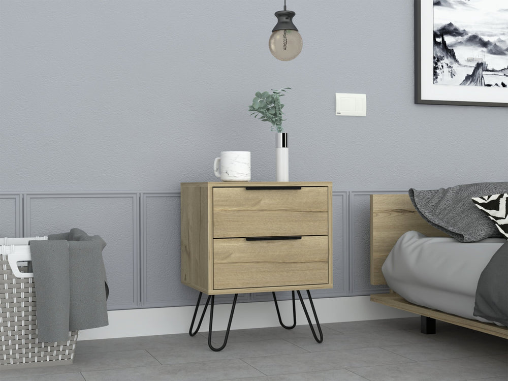 English Elm Nightstand Skyoner 2 - Modern Light Oak Design With Hairpin Legs & 2 Drawers For Stylish Storage B092123072