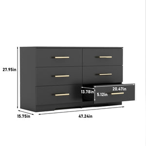 English Elm Black Matte Six Drawer Chest with Brushed Gold Pulls for Modern Bedroom Storage Black W1320110987