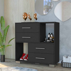 English Elm Dresser Hetzs Black Wengue Finish with 4 Drawers, 2 Open Shelves, Metal Handles, Durable Particle Board B092123108