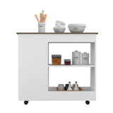 English Elm Kitchen Cart Kamizaze, Two Storage Shelves, Four Casters, Three Side Shelves, White / Dark Brown Finish