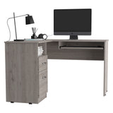 English Elm L-Shaped Desk Bradford, Keyboard Shelf, Light Gray Finish