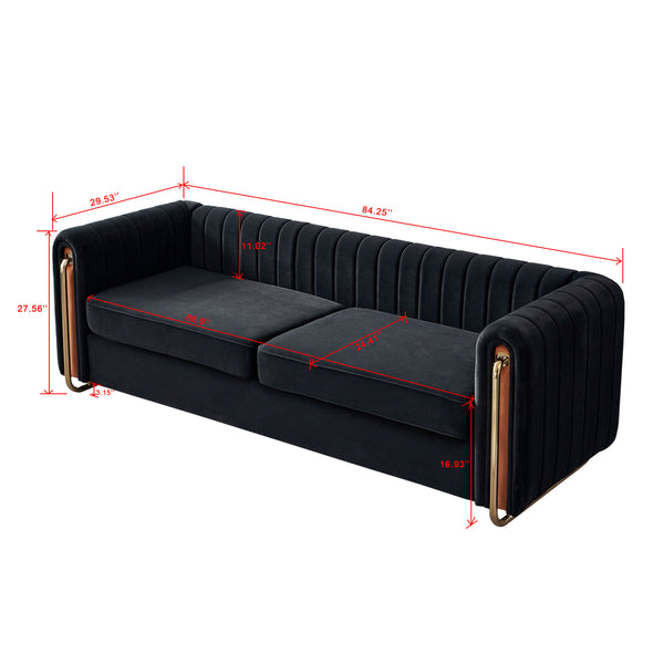 English Elm Contemporary Velvet Sofa with Channel-Tufted Seats and Polished Gold Legs for Modern Living Room Decor Black W57946163