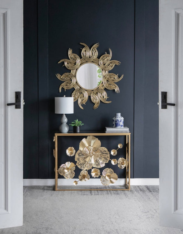 English Elm 38" Gold Iron Sunburst Wall Mirror Bohemian Sculptural Sun Rays Entryway Decor W2078124327
