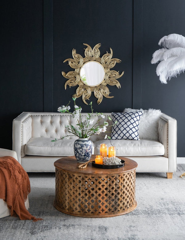 English Elm 38" Gold Iron Sunburst Wall Mirror Bohemian Sculptural Sun Rays Entryway Decor W2078124327