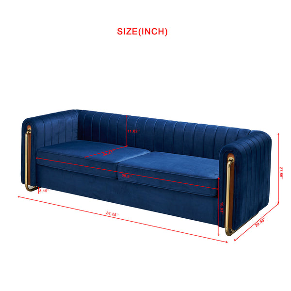 English Elm Contemporary Velvet Sofa Channel-Tufted 84.25" 3-Seater Blue with Gold Legs, Modern Luxe Comfort W57953689