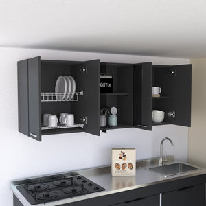English Elm Superior Wall Cabinet Peoria with Four Shelves, Glass Center Doors, Metal Handles, Durable Design Black B092123036