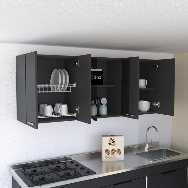 English Elm Superior Wall Cabinet Peoria with Four Shelves, Glass Center Doors, Metal Handles, Durable Design Black B092123036