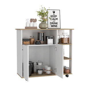 English Elm Kitchen Island Kamkacht, One Cabinet, Four Open Shelves, Light Oak / White Finish