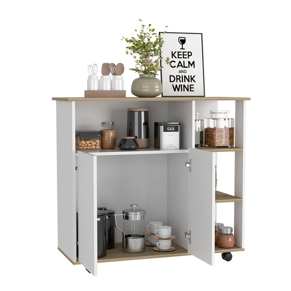 English Elm Kitchen Island Kamkacht, One Cabinet, Four Open Shelves, Light Oak / White Finish