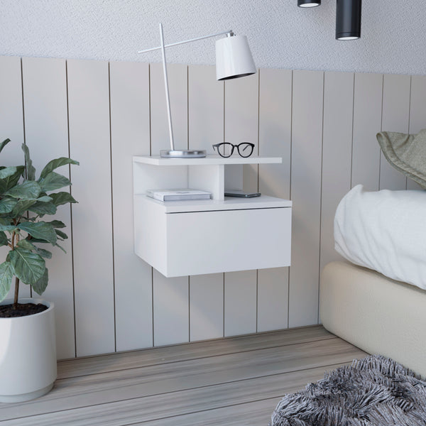 English Elm Floating Nightstand Flopini wall-mounted bedside table with drawer, space-saving shelf, durable design White B092123116