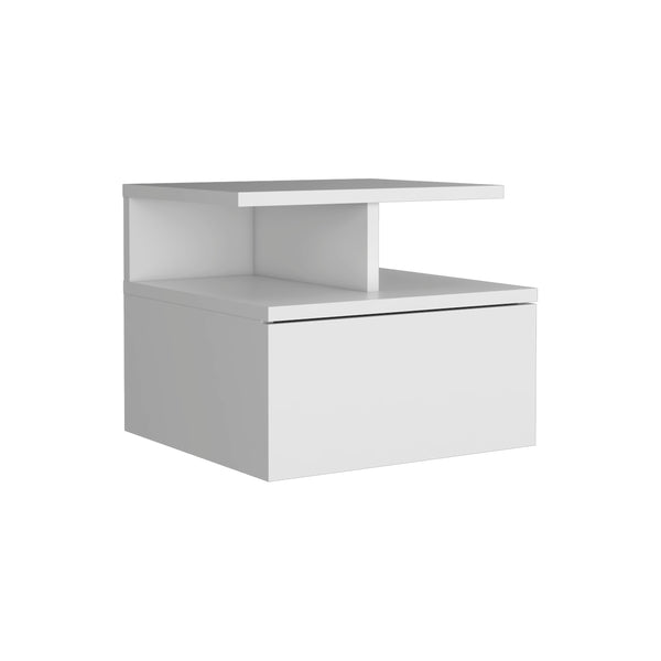 English Elm Floating Nightstand Flopini wall-mounted bedside table with drawer, space-saving shelf, durable design White B092123116