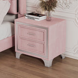 Vintage Velvet Nightstand, Metal Legs, 2 Drawers, Pink, Fully Assembled Except Legs & Handles