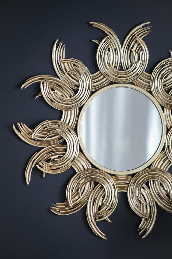 English Elm 38" Gold Iron Sunburst Wall Mirror Bohemian Sculptural Sun Rays Entryway Decor W2078124327