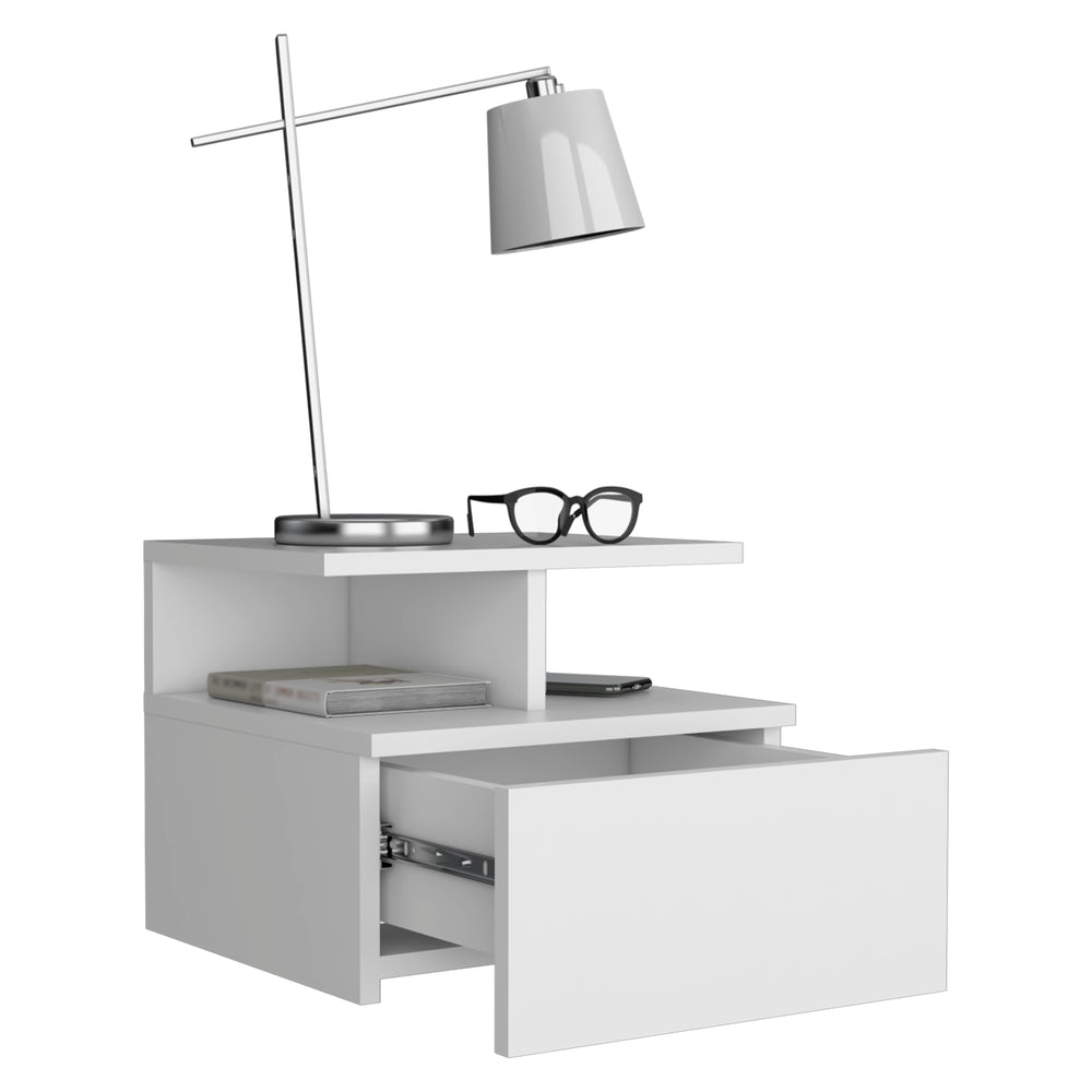 English Elm Floating Nightstand Flopini wall-mounted bedside table with drawer, space-saving shelf, durable design White B092123116