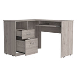 English Elm L-Shaped Desk Bradford, Keyboard Shelf, Light Gray Finish