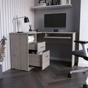 English Elm L-Shaped Desk Bradford, Keyboard Shelf, Light Gray Finish