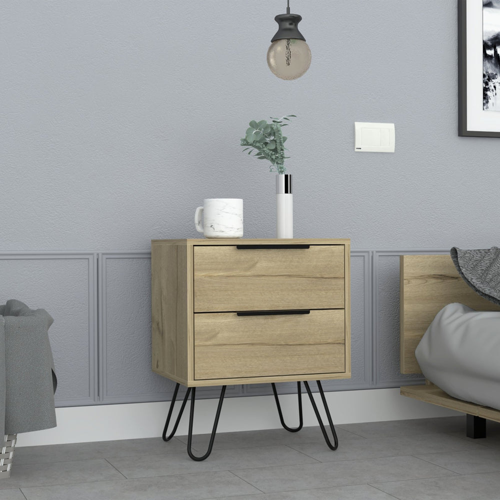 English Elm Nightstand Skyoner 2 - Modern Light Oak Design With Hairpin Legs & 2 Drawers For Stylish Storage B092123072