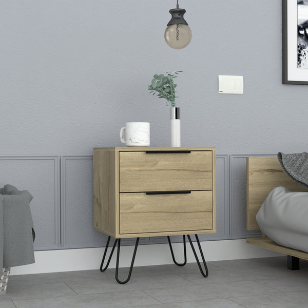 English Elm Nightstand Skyoner 2 - Modern Light Oak Design With Hairpin Legs & 2 Drawers For Stylish Storage B092123072