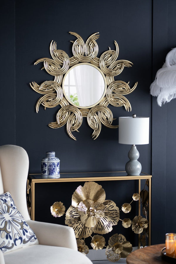 English Elm 38" Gold Iron Sunburst Wall Mirror Bohemian Sculptural Sun Rays Entryway Decor W2078124327