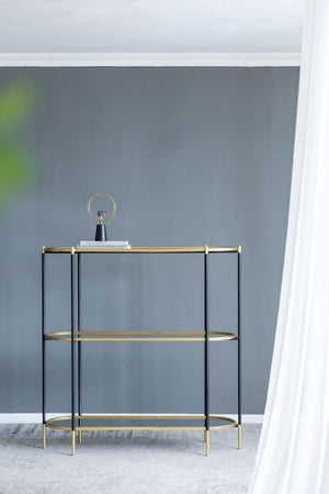 English Elm 48.5x16.5x50" 3-tier Iron Console Table Mirrored Shelves Gold Rim Glam Entryway W2078125787