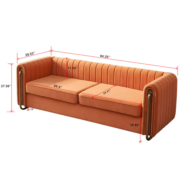 English Elm Contemporary Velvet Channel-Tufted 84.25" Sofa Couch in Orange with Golden Legs, 3-Seater Comfort W57946170